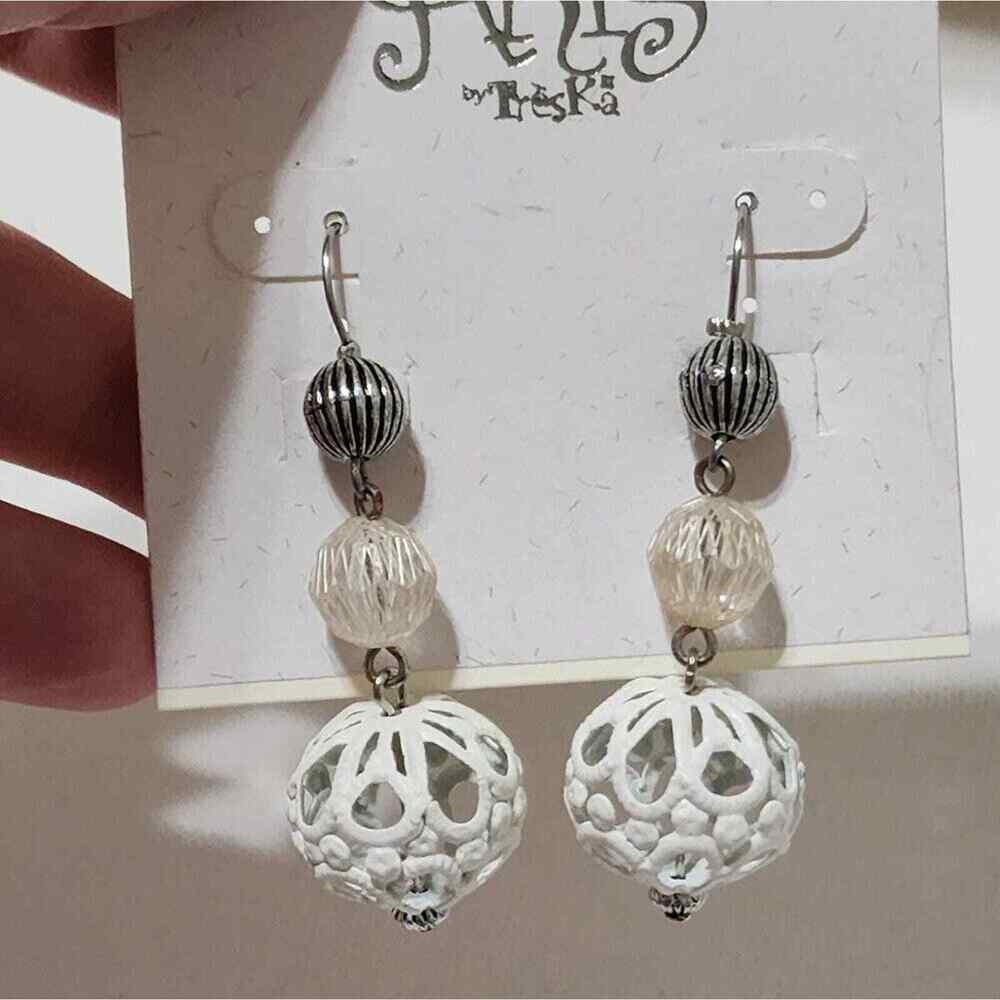 Aris by Treska White Filigree Orb Drop Earrings Silver Tone Multi Bead Dangle
